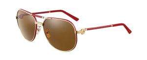 RED LEATHER GOLDEN FINISH BROWN POLARIZED LENSES.